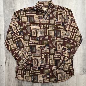 Vintage Woolrich Men’s Button Up Large Trout Fly Fish Print Brown Outdoor Shirt
